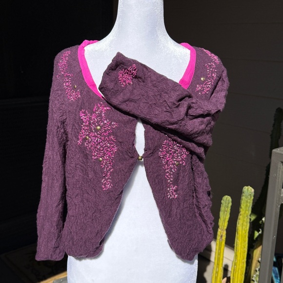 Free People Cardigan Crinkly Purple Pink Wool Silk Beaded Fairy Shrug | Sz L - Picture 4 of 16